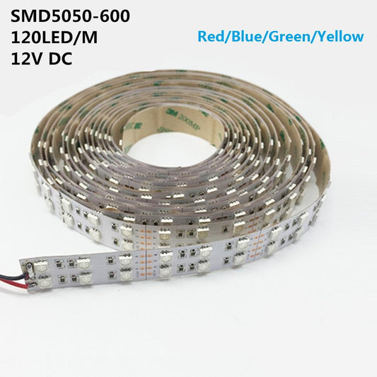 DC 12V Red/Blue/Green/Yellow Dimmable SMD5050-600 Double Row Flexible LED Strips 120 LEDs Per Meter 15mm Width 1800lm Per Meter - LEDStrips8