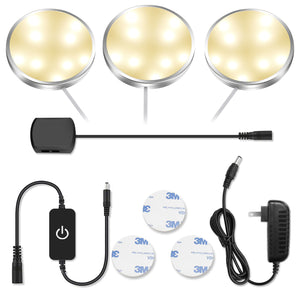 3 Pack LED Puck Lights, 3000K Warm White, CRI90+, Touch Dimming, All Accessories Included, Under Counter Lighting for Kitchen, Closet Lights, Safe Light