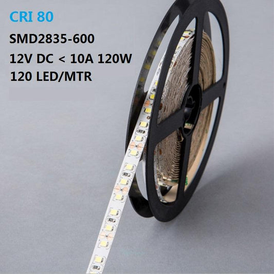 DC12V 84W 7A 5Meter (16.4Ft) SMD2835 600LEDs/Roll Color Rendering Index CRI80 Flexible LED Strips 1900LM/M 8mm Wide White PCB - LEDStrips8