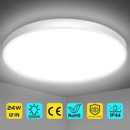 LED Flush Mount Ceiling Light Fixture, 5000K Daylight White, 3200LM, 12 Inch 24W, Flat Modern Round Lighting Fixture, 240W Equivalent White Ceiling Lamp for Kitchens, Stairwells, Bedrooms.etc.