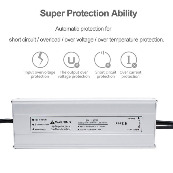 12V LED Power Supply 120W, Waterproof Low Voltage Transformer, 12 Volt DC Output with 3-Prong Plug, 3.3ft Cable