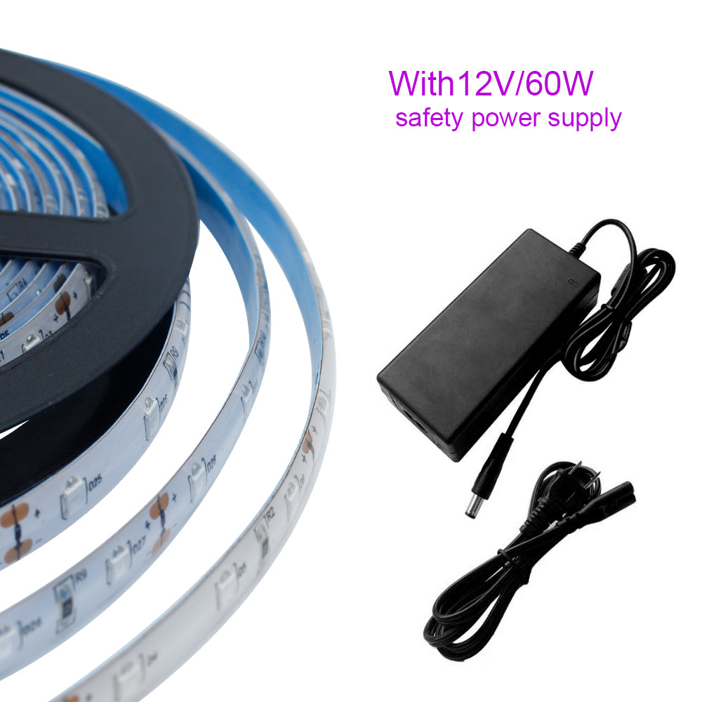 60W UV LED Light Strip Waterproof Blacklights 16.4ft/5M 3528SMD 300LED Ultraviolet Light for Party Night Fishing with 12V 5A Power Supply