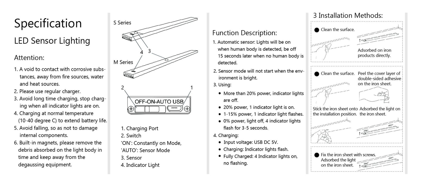 40cm (15.75'') LED Motion Sensor Light, 1500mA Rechargeable Wireless Motion Nightlight Portable Magnetic Stick Up Night Light