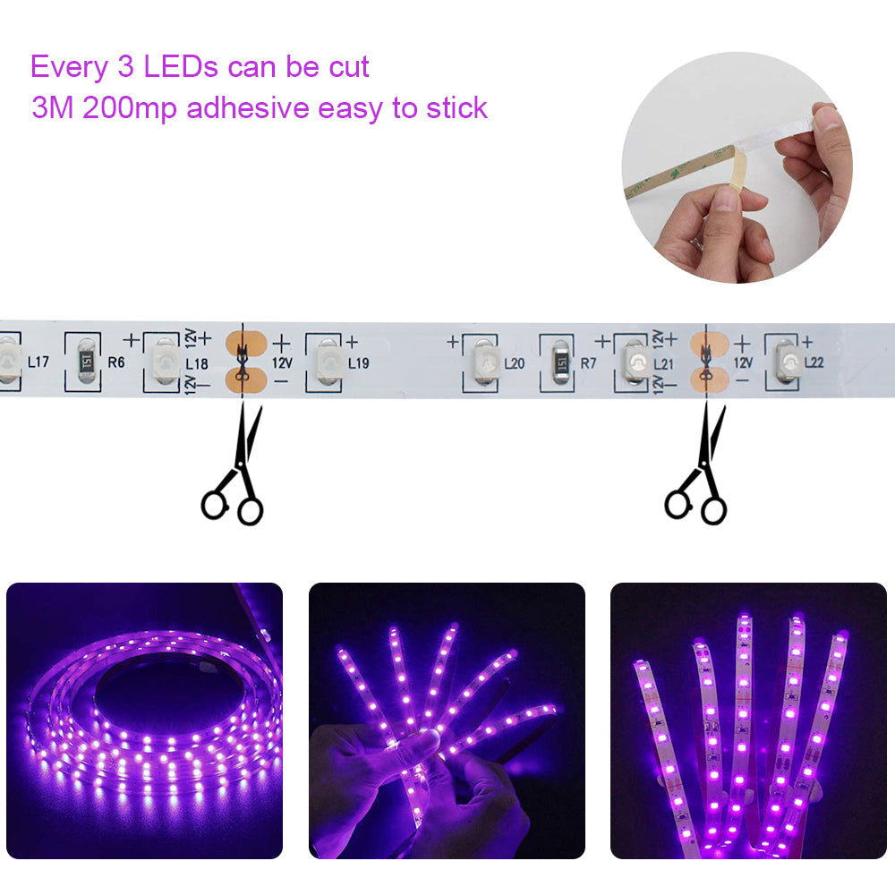 24 Watts UV Black Light LED Strip, 16.4FT/5M 3528 300LEDs 395nm-405nm Non-Waterproof Blacklight Night Fishing Implicitly Party with 12V 2A Power Supply