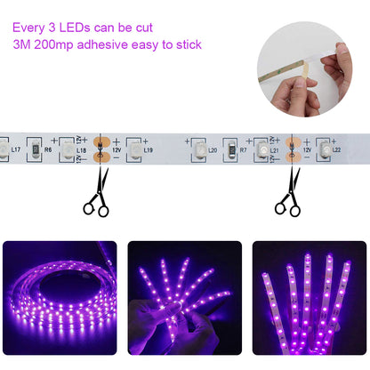 24 Watts UV Black Light LED Strip, 16.4FT/5M 3528 300LEDs 395nm-405nm Non-Waterproof Blacklight Night Fishing Implicitly Party with 12V 2A Power Supply