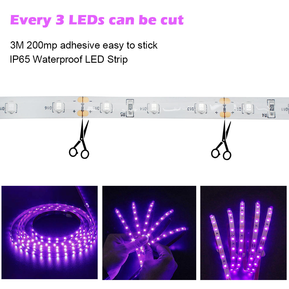 60W UV LED Light Strip Waterproof Blacklights 16.4ft/5M 3528SMD 300LED Ultraviolet Light for Party Night Fishing with 12V 5A Power Supply