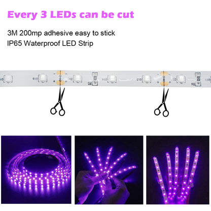 60W UV LED Light Strip Waterproof Blacklights 16.4ft/5M 3528SMD 300LED Ultraviolet Light for Party Night Fishing with 12V 5A Power Supply