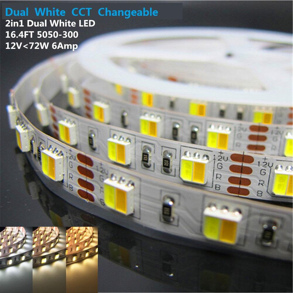 12VDC SMD5050-300-PWW 2 in 1 Dual White Color Temp-Adjustable Flexible LED Strip Light 60 LEDs Per Meter - LEDStrips8