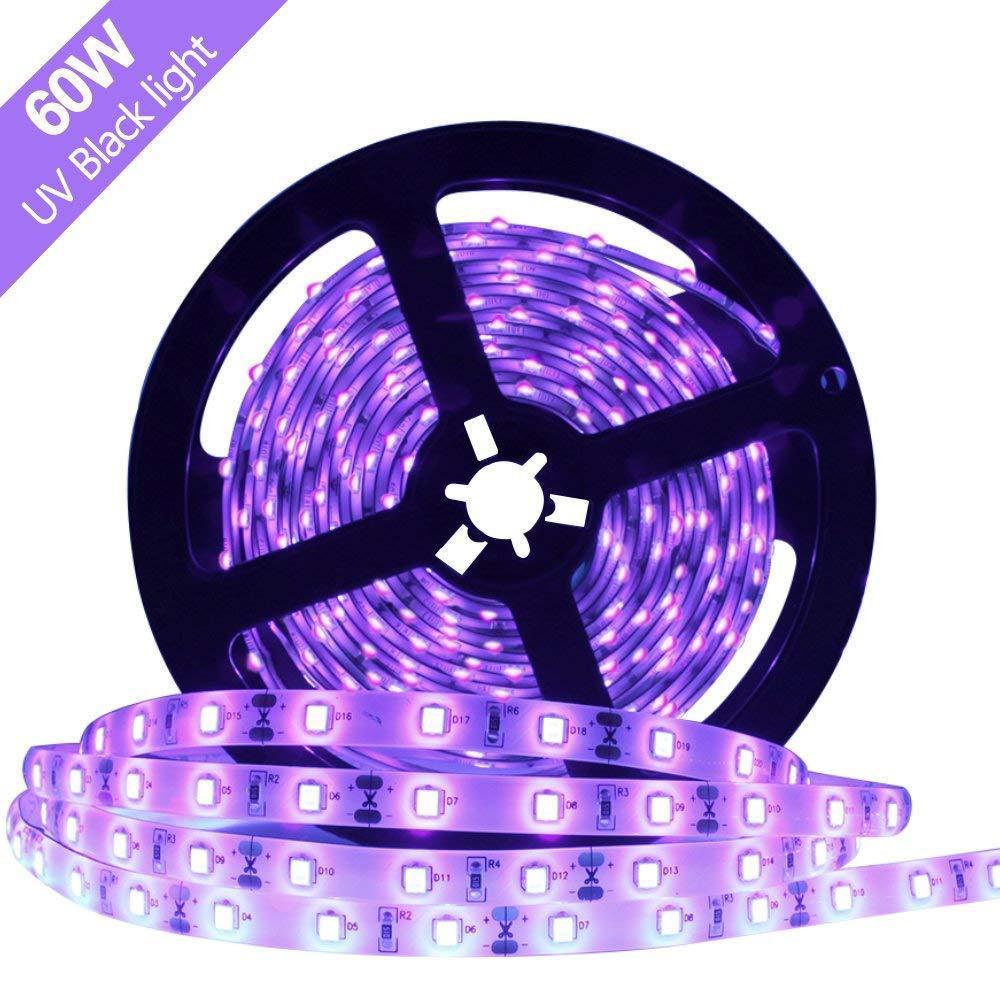 60W UV Black Light LED Strip, 16.4FT/5M 3528 600LEDs 395nm-405nm Waterproof IP65 Night Fishing Sterilization implicitly Party