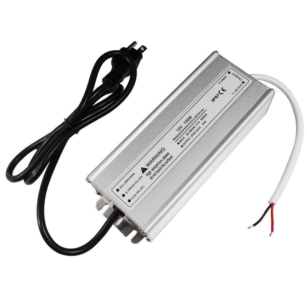 Waterproof IP67 LED Power Supply Driver Transformer 100W 110V AC to 12V DC Low Voltage Output with 3-Prong Plug 3.3 Feet Cable for Outdoor Use - LEDStrips8