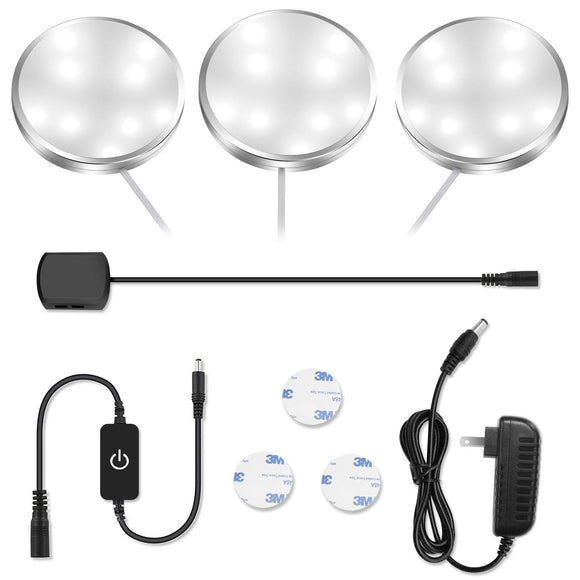 3 Pack LED Puck Lights, 5000K Daylight White, CRI90+, Touch Dimming, All Accessories Included, Under Counter Lighting for Kitchen, Closet Lights, Safe Light