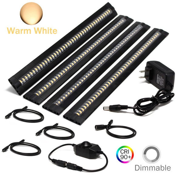 Ultra Thin LED Under Cabinet/Counter Kitchen Lighting Plug-in, Dimmable 2 Coin Thickness LED Light with 42 LEDs, Easy Installation Warm White 12V/2A 5W/450LM CRI90, 4 Pack, All in One Kit
