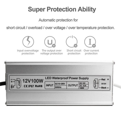 110VAC to 12VDC 8.3Amp 100W Waterproof IP67 LED Power Supply Outdoor Use w/ US 3.3FT 3-Prong Plug