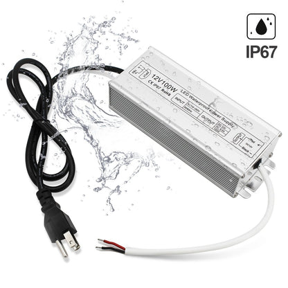 110VAC to 12VDC 8.3Amp 100W Waterproof IP67 LED Power Supply Outdoor Use w/ US 3.3FT 3-Prong Plug