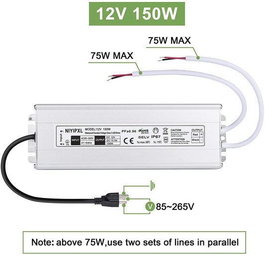 110VAC to 12VDC 12.5Amp 150W Waterproof IP67 LED Power Supply Outdoor Use w/ US 3.3FT 3-Prong Plug