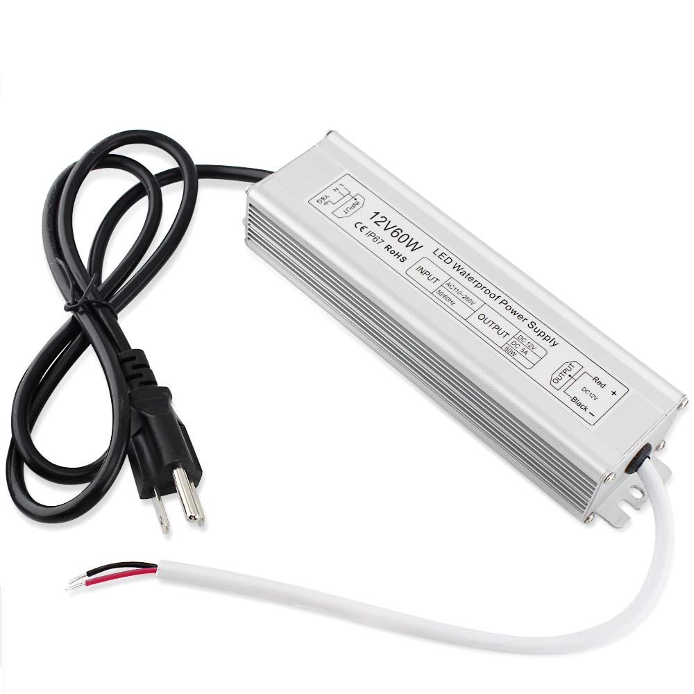 110VAC to 12VDC 5Amp 60W Waterproof IP67 LED Power Supply Outdoor Use w/ US 3.3FT 3-Prong Plug