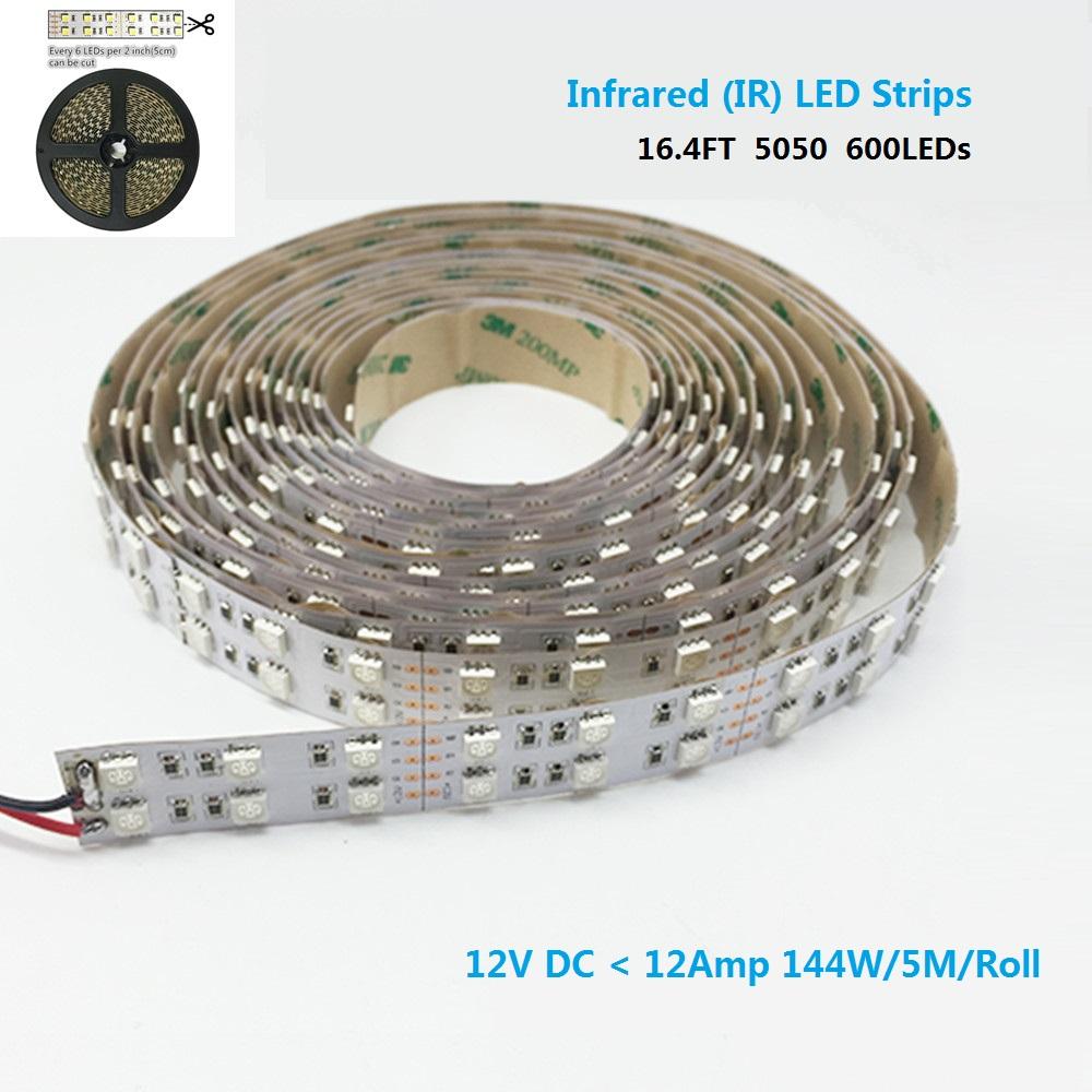 DC12V SMD5050-600-IR InfraRed (850nm/940nm) Tri-Chip Double Row Flexible LED Strips 120LEDs 28.8W Per Meter - LEDStrips8