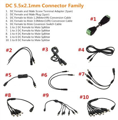 DC5.5x2.1mm Female to Male Connector Cable Family Collection DC Plug DC Conversion Cable DC Splitter - LEDStrips8