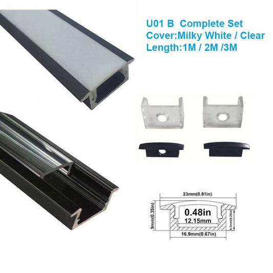 5/10/25/50 Pack Black U01 9x23mm U-Shape Internal Profile Width 12mm LED Aluminum Channel System with Cover, End Caps and Mounting Clips for LED Strip Light Installations - LEDStrips8