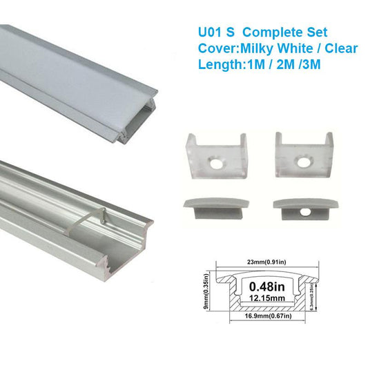 5/10/25/50 Pack Silver U01 9x23mm U-Shape Internal Profile Width 12mm LED Aluminum Channel System with Cover, End Caps and Mounting Clips for LED Strip Light Installations - LEDStrips8