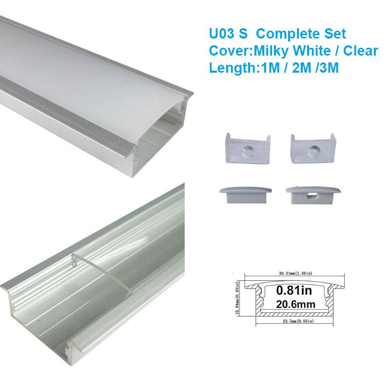 5/10/25/50 Pack Silver U03 10x30mm U-Shape Internal Width 20mm LED Aluminum Channel System with Cover, End Caps and Mounting Clips Aluminum Profile for LED Strip Light Installations - LEDStrips8