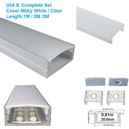 5/10/25/50 Pack Silver U04 10x23mm U-Shape Internal Width 20mm LED Aluminum Channel System with Cover, End Caps and Mounting Clips Aluminum Extrusion for LED Strip Light Installations - LEDStrips8