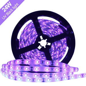 24 Watts UV Black Light LED Strip, 16.4FT/5M 3528 300LEDs 395nm-405nm Waterproof IP65 Blacklight Night Fishing Sterilization implicitly Party with 12V 2A Power Supply