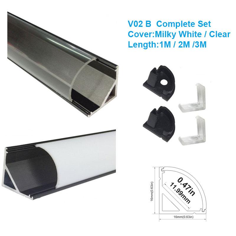 5/10/25/50 Pack Black V02 16x16mm V-Shape Curved Cover Channel Internal Width 12mm Corner Mounting LED Aluminum Channel with End Caps and Mounting Clips Aluminum Profile - LEDStrips8