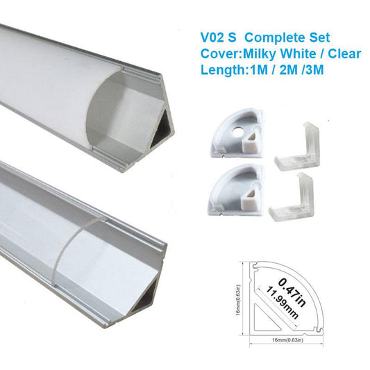 5/10/25/50 Pack Silver V02 16x16mm V-Shape Curved Cover Channel Internal Width 12mm Corner Mounting LED Aluminum Channel with End Caps and Mounting Clips Aluminum Profile - LEDStrips8