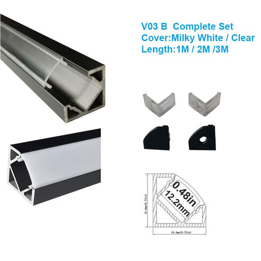 5/10/25/50 Pack Black V03 18x18mm V-Shape Internal Width 12mm Corner Mounting LED Aluminum Channel with Oyster White Cover, End Caps and Mounting Clips for Flex/Hard LED Strip Light - LEDStrips8