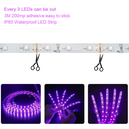 24 Watts UV Black Light LED Strip, 16.4FT/5M 3528 300LEDs 395nm-405nm Non-Waterproof Blacklight Night Fishing Implicitly Party with 12V 2A Power Supply