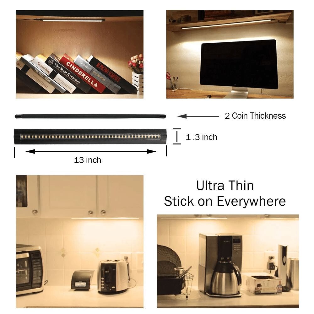 Ultra Thin LED Under Cabinet/Counter Kitchen Lighting Plug-in, Dimmable 2 Coin Thickness LED Light with 42 LEDs, Easy Installation Warm White 12V/1A 5W/450LM CRI90, 2 Pack, All in One Kit - LEDStrips8